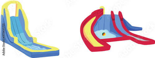 inflatable water slide clipart or illustration set isolated on a transparent background.