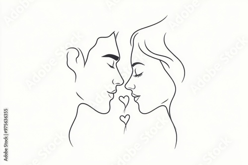 A simple line drawing of a couple’s faces close together, with a small heart symbol between them, against a plain, white background emphasizing their connection