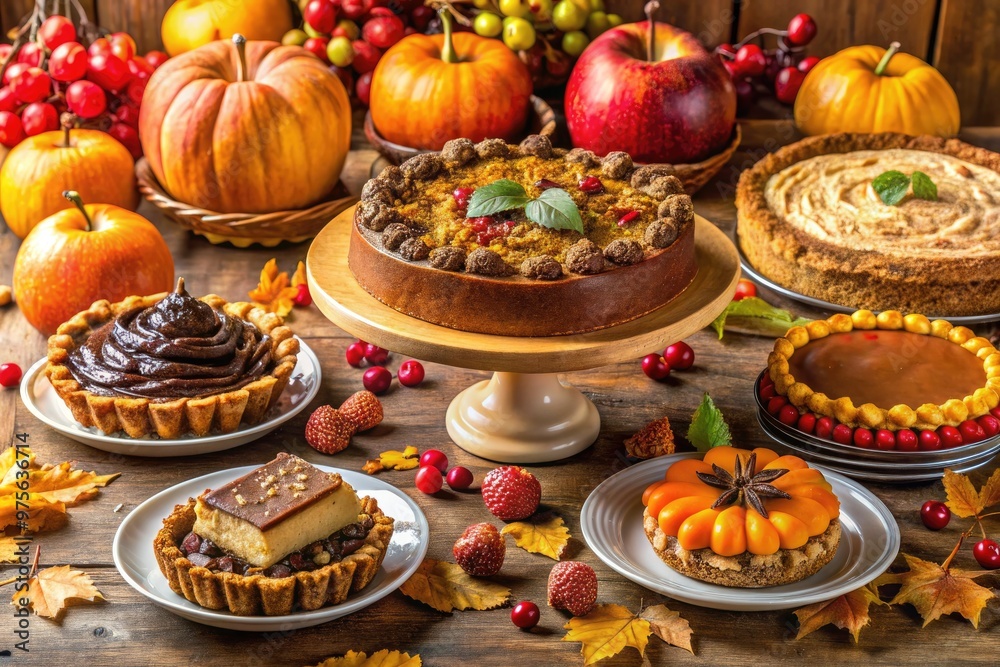 Colorful array of sweet treats including pumpkin pie, apple crisp, and chocolate cake decorate a beautifully set Thanksgiving dessert table with fall accents.