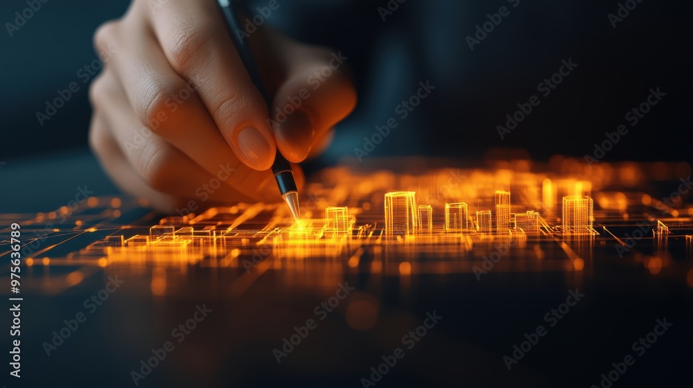 A hand sketching a digital cityscape with glowing lines, representing modern architecture and technology innovation. A hand sketching a digital cityscape with glowing lines, representing modern architecture and technology innovation.