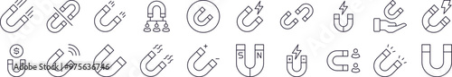 Bundle of Line Icons of Magnet. Editable Stroke. Minimalistic Linear Pictogram for Design of Cards, Apps, Banners, Posts