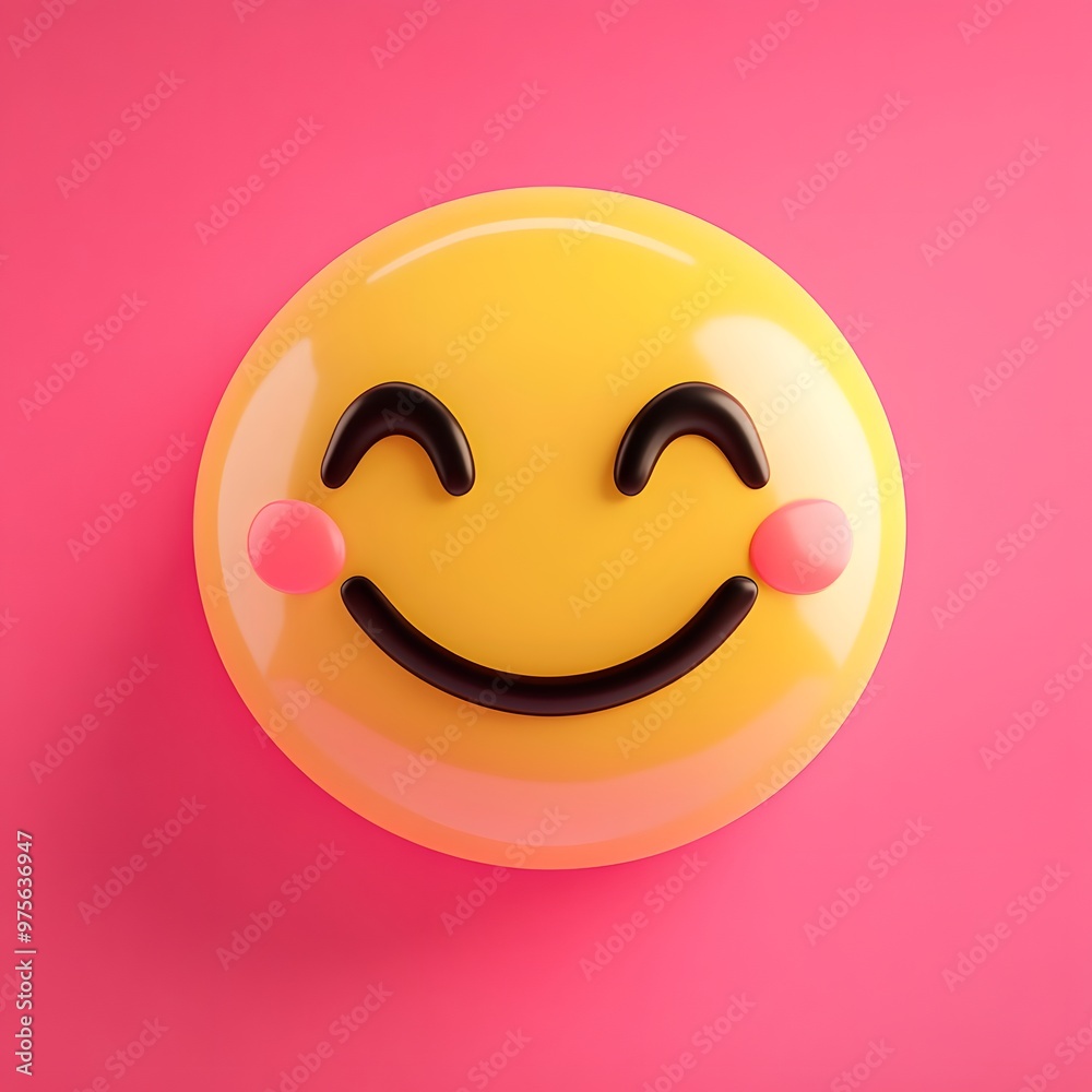 Fototapeta premium A smiling yellow emoji with rosy cheeks on a pink background, symbolizing happiness.