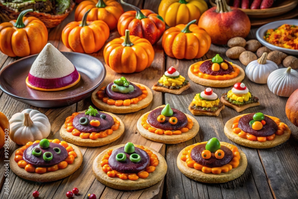 Colorful autumn-themed treats on a rustic table, including witches' hat cookies, monster eyes deviled eggs, and jack-o'-lantern pizzas, perfect for a spooky kids' party. Colorful autumn-themed treats on a rustic table, including witches' hat cookies, monster eyes deviled eggs, and jack-o'-lantern pizzas, perfect for a spooky kids' party.