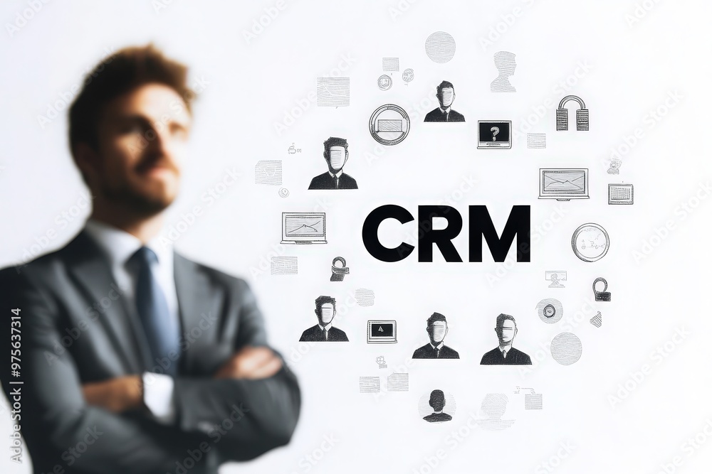 A professional stands confidently, surrounded by digital network icons representing customer relationship management A professional stands confidently, surrounded by digital network icons representing customer relationship management