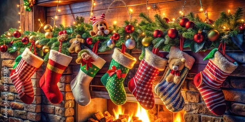 Colorful Christmas stockings hang by the chimney, overflowing with wrapped gifts, candy canes, and plush toys, surrounded by festive holly and twinkling lights. photo