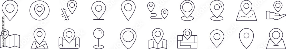 Pack of Line Icons of Map Pin. Editable Stroke. Minimalistic Linear Pictogram for Design of Cards, Apps, Banners, Posts Pack of Line Icons of Map Pin. Editable Stroke. Minimalistic Linear Pictogram for Design of Cards, Apps, Banners, Posts