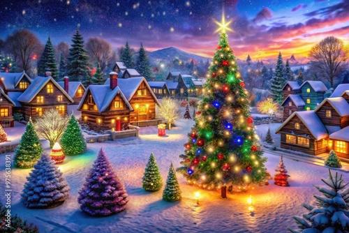 Colorful festive atmosphere at a snowy winter village scene, featuring decorated trees, sparkling lights, and snowflakes falling gently on a joyful holiday evening.