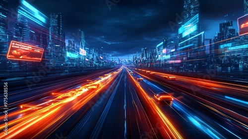 A futuristic racing track illuminated by glowing neon lines, speed blur effects showing the rapid motion of vehicles zooming past, holographic signs and billboards flashing along the sidelines, the