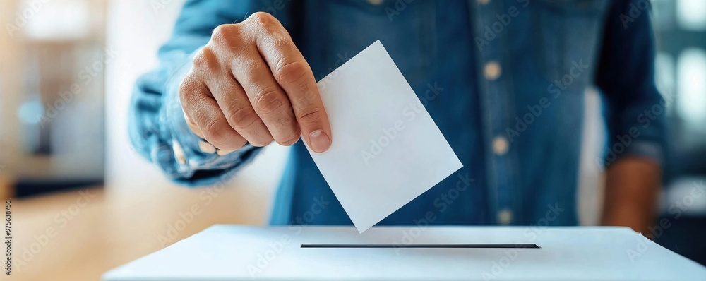 A close up of hand dropping ballot into voting box, symbolizing civic engagement and democratic process. This moment captures importance of participation in elections A close up of hand dropping ballot into voting box, symbolizing civic engagement and democratic process. This moment captures importance of participation in elections