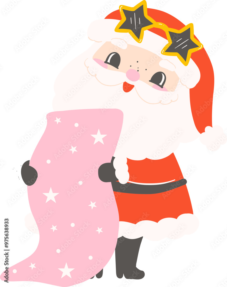 Fototapeta premium Cute Groovy Retro Santa Reading list Christmas cartoon