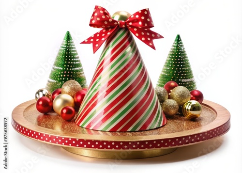 Start with a circular base, add a cone-shaped top, draw a ribbon or ornament, and include festive details like glitter, stripes or polka dots.