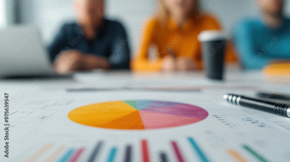 Close-up of a colorful pie chart on a table with blurred figures in a business meeting background, emphasizing data analysis. Close-up of a colorful pie chart on a table with blurred figures in a business meeting background, emphasizing data analysis.