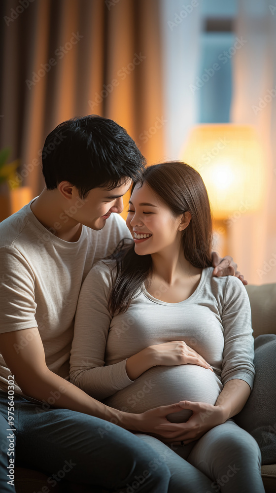 A joyful couple sharing tender moment on sofa, celebrating pregnancy A joyful couple sharing tender moment on sofa, celebrating pregnancy