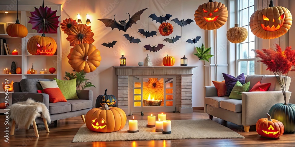 Obraz premium Colorful paper bats, pom-pom spiders, and glowing jack-o'-lanterns adorn a festive living room, creating a fun and effortless Halloween atmosphere for kids of all ages.