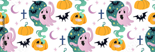 Happy Halloween ghost seamless pattern. Scary Ghost and terrifying pumpkin. Magical green smoke from pumpkins, stars and bats. Halloween festive background. For wrapping paper. Vector illustration.