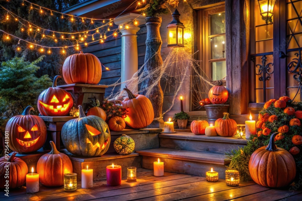 Obraz premium Colorful pumpkins, spooky lanterns, and eerie cobwebs adorn a dimly lit porch, creating a hauntingly beautiful and festive Halloween atmosphere, perfect for October celebrations.