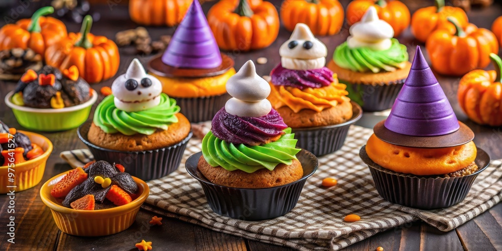 Colorful spread of spooky-themed treats, including witches' hat cupcakes, graveyard dirt cups, and ghostly marshmallow snacks, on a festive orange and black tablecloth. Colorful spread of spooky-themed treats, including witches' hat cupcakes, graveyard dirt cups, and ghostly marshmallow snacks, on a festive orange and black tablecloth.