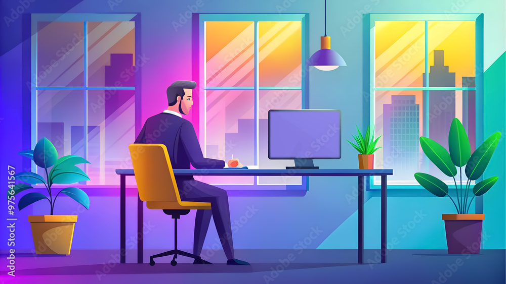 Fototapeta premium Business person working in office, sitting at desk workplace, looking at computer or laptop monitor, typing on keyboard. Furniture of colorful office is illuminated by artificial light. Flat design.
