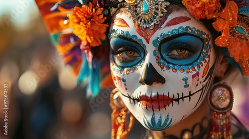 Closeup Portrait of Woman with Day of the Dead Makeup