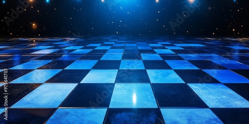 A blue and black checkered floor with lights shining on it