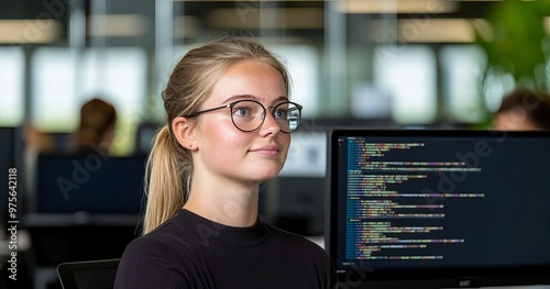 Female software engineer discussing a project with colleagues