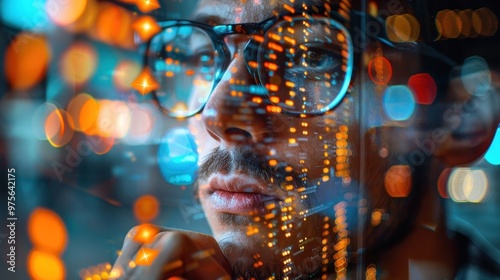 Mesmerizing and captivating portrait of a woman s face surrounded by a dreamlike array of glowing digital lights bokeh effects and surreal ethereal atmospherics that evoke a sense of futuristic photo