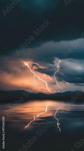 Lightning strikes over a dark, stormy sky reflecting in the water.