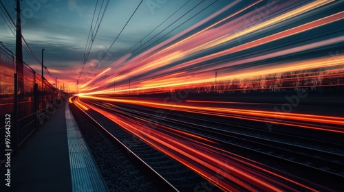 Train Tracks and Light Trails at Sunset