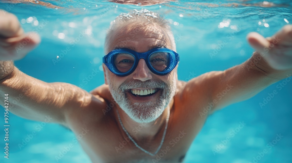 Naklejka premium Close-up of a mature man playfully swimming underwater in a swimming pool. He is smiling towards the camera with his hands and arms pointing forward. He is wearing bright blue swimming goggles