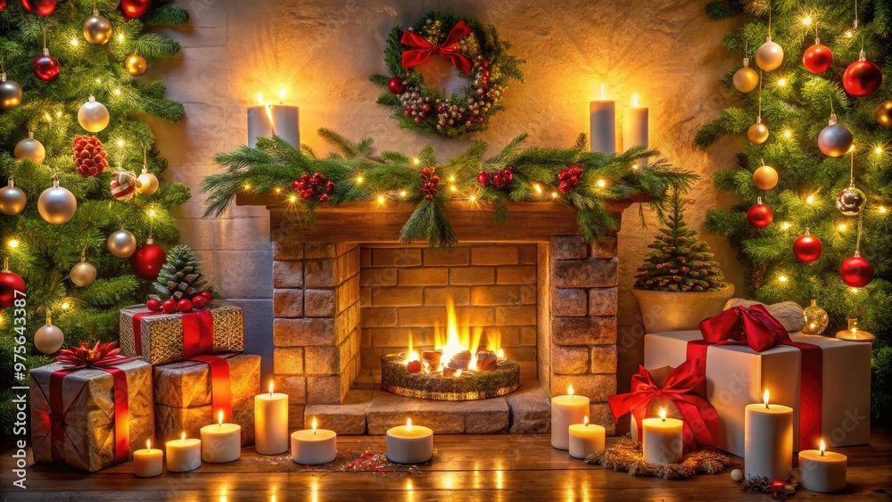 Cozy festive fireplace scene with glowing candles, garland, and ornaments, surrounded by evergreen branches and presents, evoking warmth and holiday cheer. Cozy festive fireplace scene with glowing candles, garland, and ornaments, surrounded by evergreen branches and presents, evoking warmth and holiday cheer.