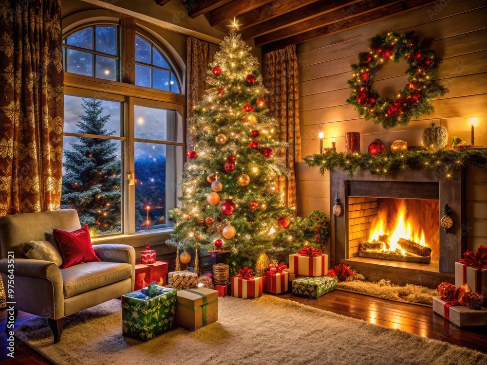 Fototapeta premium Cozy festive living room scene with decorated tree, twinkling lights, and colorful presents surrounding a crackling fireplace on a snowy winter evening.