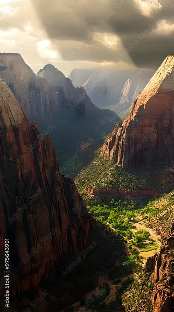 Fototapeta premium A stunning view of a canyon with a river winding through it, illuminated by a ray of sunlight.