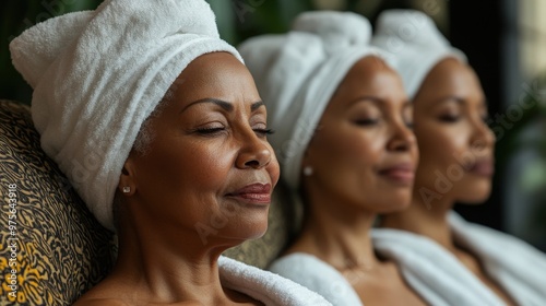 Three beautiful senior black women enjoying a relaxing time in a health spa