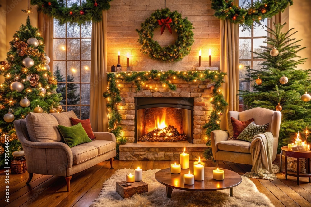 Cozy living room with crackling fireplace, decorated with festive garlands, evergreen branches, and twinkling candles, evoking warm winter holiday magic and seasonal atmosphere. Cozy living room with crackling fireplace, decorated with festive garlands, evergreen branches, and twinkling candles, evoking warm winter holiday magic and seasonal atmosphere.