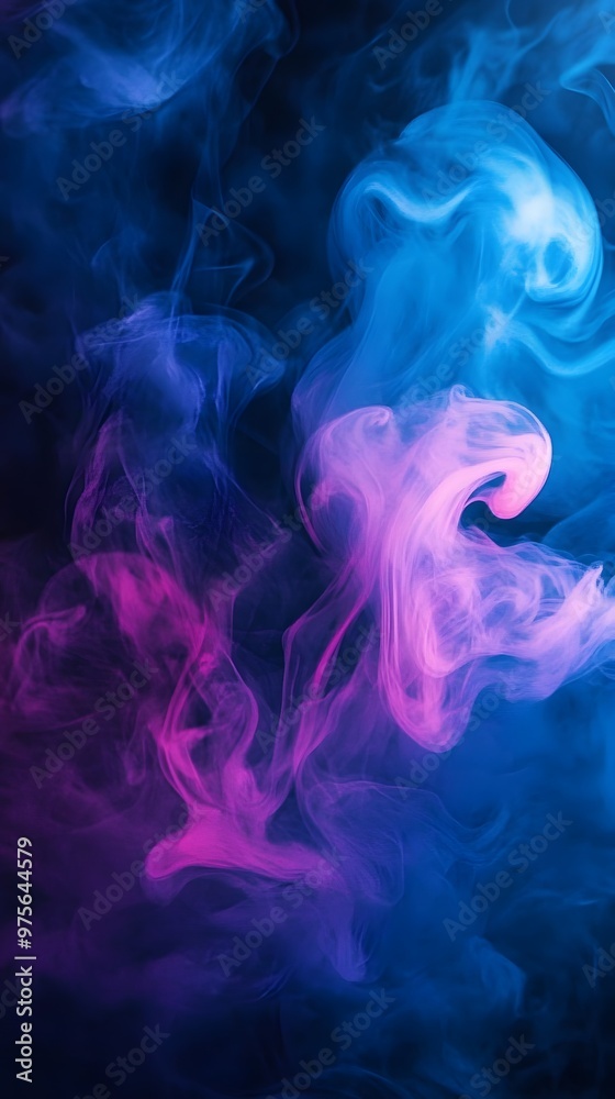 Abstract blue and pink smoke swirls against a dark background.