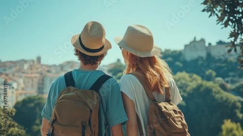 A small group of two mature tourist friends made up of 2 beautiful women enjoying a sightseeing day