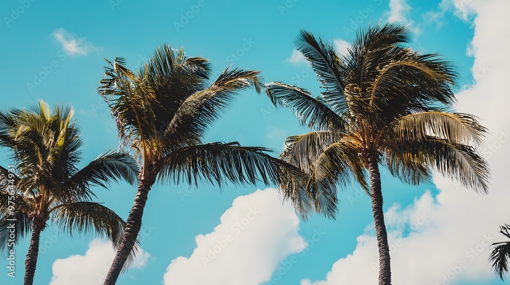 Fototapeta premium Palm trees sway gently in the breeze against a bright blue sky.