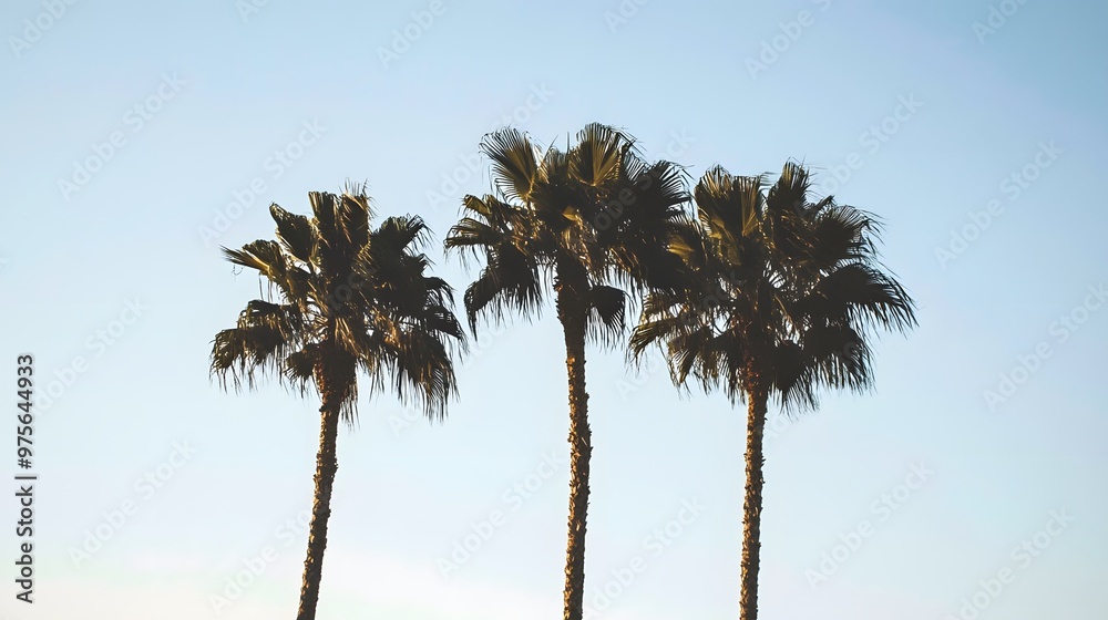 Fototapeta premium Three palm trees stand tall against a clear blue sky.