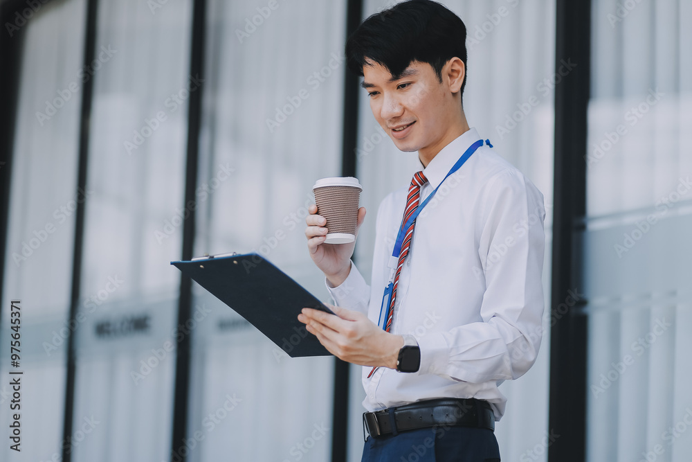 Happy businessman drinking coffee and using mobile phone in front of his office building. Happy businessman drinking coffee and using mobile phone in front of his office building.