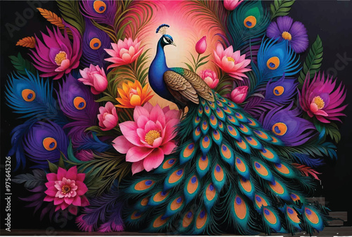 The Cute cartoony majestic peacock with a colorful tail is shown with displays vibrant colors in nature generated by artificial intelligence.
