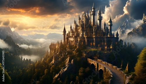 A majestic castle perched on a mountain top, bathed in the golden hues of a setting sun. Surrounded by lush forests and misty valleys, this scene evokes a sense of fantasy and wonder, ideal for fairy