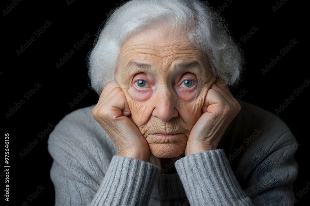 Elderly aged woman hands on face, looking sad depressed miserable. Wrinkled face, grey hair, watering eyes. Elderly aged woman hands on face, looking sad depressed miserable. Wrinkled face, grey hair, watering eyes.