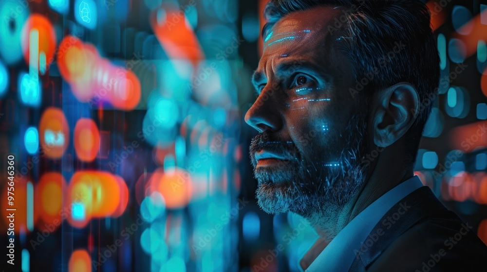 Close up portrait of a pensive mature man with a serious expression on his face surrounded by vibrant neon lights and colorful urban advertisement billboards in a moody futuristic city setting Close up portrait of a pensive mature man with a serious expression on his face surrounded by vibrant neon lights and colorful urban advertisement billboards in a moody futuristic city setting