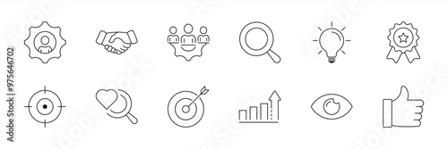 set of core values icon. goals, innovation, teamwork, quality icon. editable stroke core values icon. vector illustration