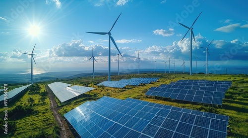 A rural area with both solar panels and wind turbines, representing a mix of renewable energy sources and the shift towards a sustainable energy future. Generative AI. photo