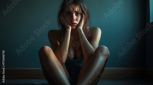 Young woman sitting on the floor showing a lot of pain and trauma caused by her mental problemsYoung woman showing a lot of pain and trauma caused by her mental problems