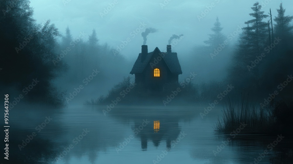 Fototapeta premium A cozy cabin with a glowing window and smoke coming from the chimney stands on a foggy, creepy swamp at dusk, surrounded by a dark, eerie forest under the moonlight.