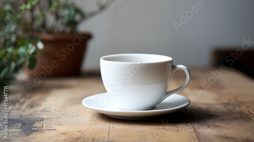 50. A classic white porcelain coffee cup with a saucer