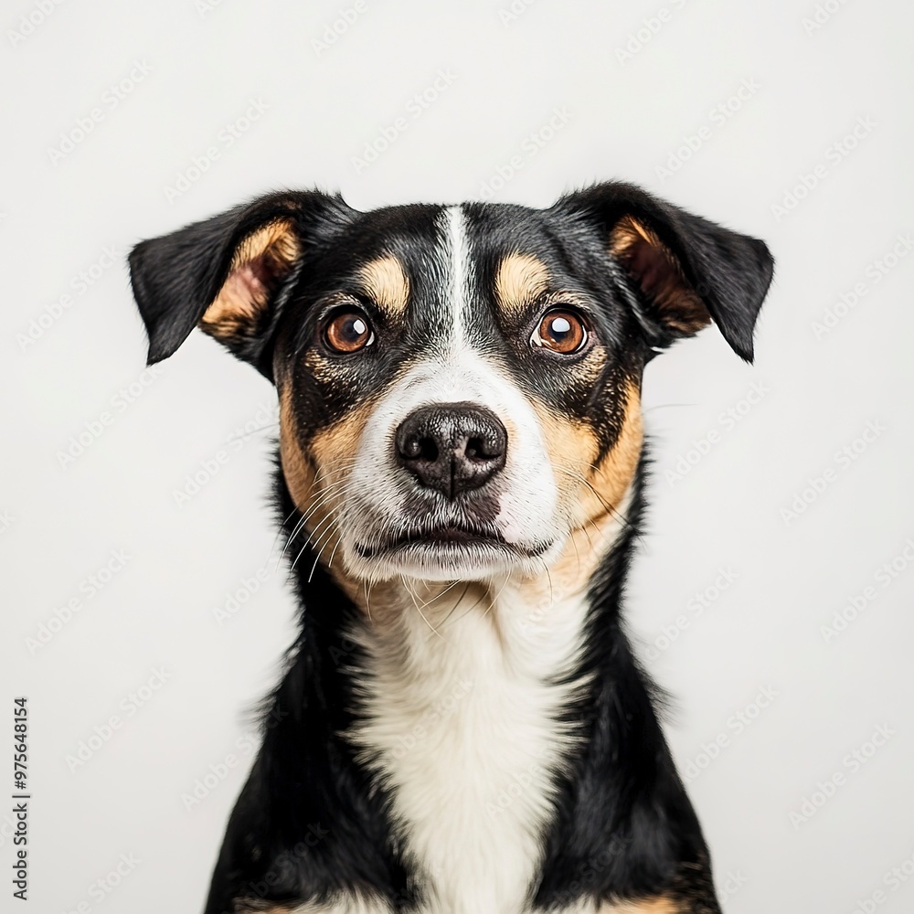 A cautious dog with striking colors stands confidently against a white background, showcasing its alert demeanor and unique features A cautious dog with striking colors stands confidently against a white background, showcasing its alert demeanor and unique features