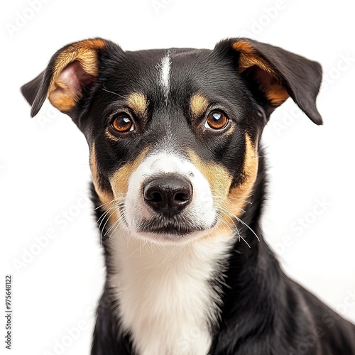 A cautious dog with striking colors stands confidently against a white background, showcasing its alert demeanor and unique features